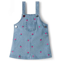 Babyhug Denim Woven Half Sleeves Frock with Inner T-Shirt & Floral Embroidery - Blue
