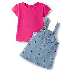 Babyhug Denim Woven Half Sleeves Frock with Inner T-Shirt & Floral Embroidery - Blue