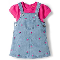 Babyhug Denim Woven Half Sleeves Frock with Inner T-Shirt & Floral Embroidery - Blue