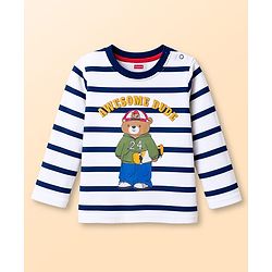 Babyhug 100% Cotton Knit Full Sleeves Striped T-Shirt With Teddy Bear Print - Navy Blue & White