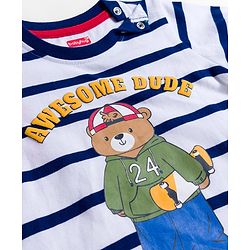 Babyhug 100% Cotton Knit Full Sleeves Striped T-Shirt With Teddy Bear Print - Navy Blue & White