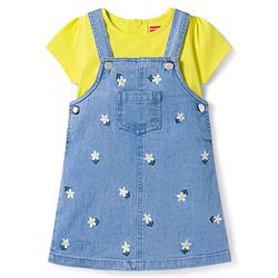 Babyhug Denim Woven Half Sleeves Frock with Inner T-Shirt & Floral Embroidery - Blue