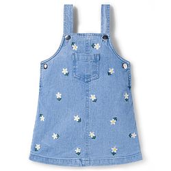 Babyhug Denim Woven Half Sleeves Frock with Inner T-Shirt & Floral Embroidery - Blue