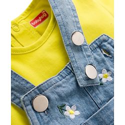 Babyhug Denim Woven Half Sleeves Frock with Inner T-Shirt & Floral Embroidery - Blue
