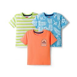 Babyhug 100% Cotton Knit Half Sleeves T-Shirts With Tropical Theme Print Pack of 3 - Peach Green & Blue