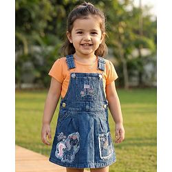 Babyhug Denim Woven Half Sleeves Tee With Frock & Animal Embriodery - Blue