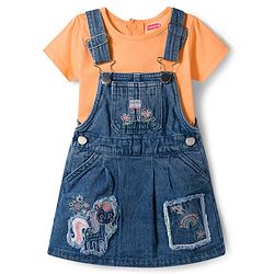 Babyhug Denim Woven Half Sleeves Tee With Frock & Animal Embriodery - Blue