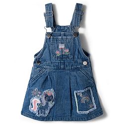 Babyhug Denim Woven Half Sleeves Tee With Frock & Animal Embriodery - Blue