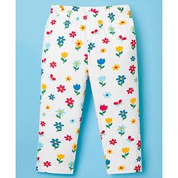 Babyhug Knit Full Sleeves Front Open Co-ords Night Suit with Floral Print - White