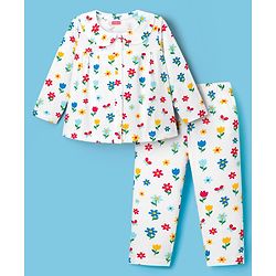 Babyhug Knit Full Sleeves Front Open Co-ords Night Suit with Floral Print - White