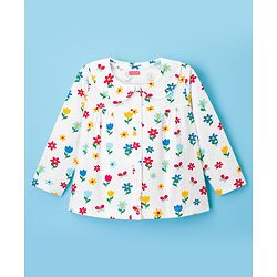 Babyhug Knit Full Sleeves Front Open Co-ords Night Suit with Floral Print - White