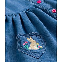 Babyhug Denim Woven Sleveless Frock with Floral & Bunny Embroidery - Blue