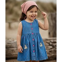 Babyhug Denim Woven Sleveless Frock with Floral & Bunny Embroidery - Blue