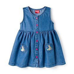 Babyhug Denim Woven Sleveless Frock with Floral & Bunny Embroidery - Blue