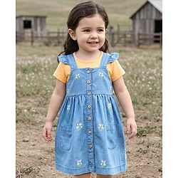Babyhug Denim 100% Cotton Woven Half Sleeves Frill Detailed Frock with Inner T-Shirt & Floral Embroidery - Blue