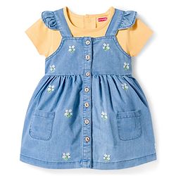 Babyhug Denim 100% Cotton Woven Half Sleeves Frill Detailed Frock with Inner T-Shirt & Floral Embroidery - Blue