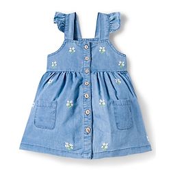 Babyhug Denim 100% Cotton Woven Half Sleeves Frill Detailed Frock with Inner T-Shirt & Floral Embroidery - Blue