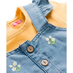 Babyhug Denim 100% Cotton Woven Half Sleeves Frill Detailed Frock with Inner T-Shirt & Floral Embroidery - Blue