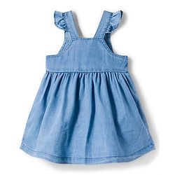 Babyhug Denim 100% Cotton Woven Half Sleeves Frill Detailed Frock with Inner T-Shirt & Floral Embroidery - Blue