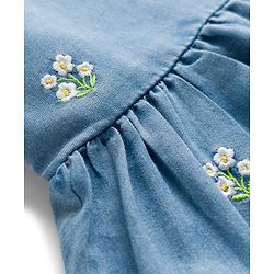 Babyhug Denim 100% Cotton Woven Half Sleeves Frill Detailed Frock with Inner T-Shirt & Floral Embroidery - Blue