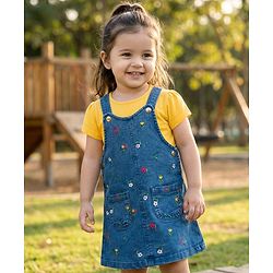 Babyhug Denim Woven Half Sleeves T-Shirt With Frock & Floral Embriodery - Blue