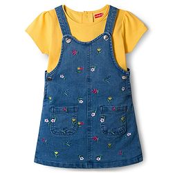 Babyhug Denim Woven Half Sleeves T-Shirt With Frock & Floral Embriodery - Blue