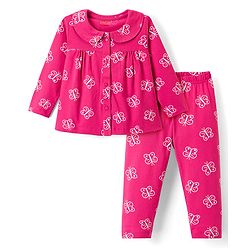 Babyhug Cotton Knit Full Sleeves Co-ord Night Suit With Butterfly Print - Dark Pink