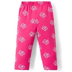 Babyhug Cotton Knit Full Sleeves Co-ord Night Suit With Butterfly Print - Dark Pink