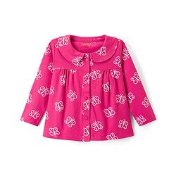 Babyhug Cotton Knit Full Sleeves Co-ord Night Suit With Butterfly Print - Dark Pink