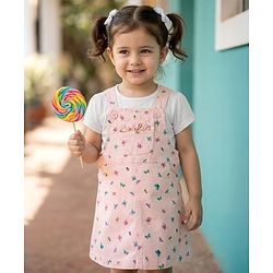 Babyhug Denim Woven Half Sleeves Butterfly Printed Frock With Inner Tee - White & Pink