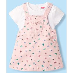 Babyhug Denim Woven Half Sleeves Butterfly Printed Frock With Inner Tee - White & Pink