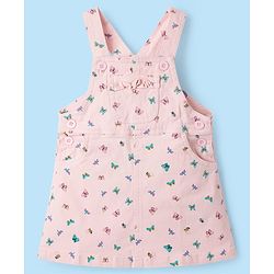 Babyhug Denim Woven Half Sleeves Butterfly Printed Frock With Inner Tee - White & Pink