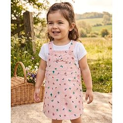 Babyhug Denim Woven Half Sleeves Butterfly Printed Frock With Inner Tee - White & Pink