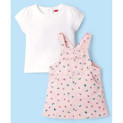 Babyhug Denim Woven Half Sleeves Butterfly Printed Frock With Inner Tee - White & Pink