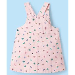 Babyhug Denim Woven Half Sleeves Butterfly Printed Frock With Inner Tee - White & Pink