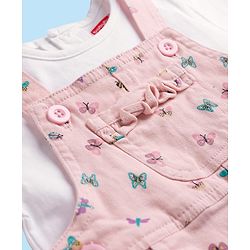 Babyhug Denim Woven Half Sleeves Butterfly Printed Frock With Inner Tee - White & Pink