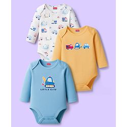 Babyhug 100% Cotton Interlock Knit Onesies With Vehicle Print Pack Of 3 - Yellow White & Blue