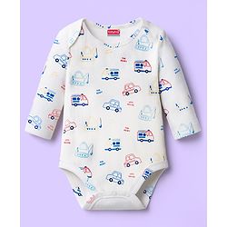 Babyhug 100% Cotton Interlock Knit Onesies With Vehicle Print Pack Of 3 - Yellow White & Blue