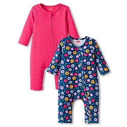 Babyhug 100% Cotton Knit Full Sleeves Rompers With Floral & Polka Dot Print Pack of 2 - Navy Blue & Pink