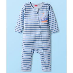 Babyhug 100% Cotton Interlock Knit Romper With Nautical Theme Print Pack of 2 - Blue & White