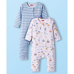 Babyhug 100% Cotton Interlock Knit Romper With Nautical Theme Print Pack of 2 - Blue & White