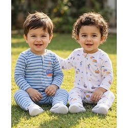 Babyhug 100% Cotton Interlock Knit Romper With Nautical Theme Print Pack of 2 - Blue & White