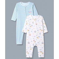 Babyhug 100% Cotton Interlock Knit Romper With Nautical Theme Print Pack of 2 - Blue & White