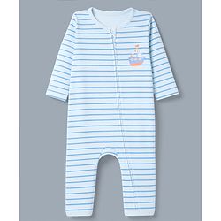 Babyhug 100% Cotton Interlock Knit Romper With Nautical Theme Print Pack of 2 - Blue & White