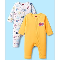 Babyhug 100% Cotton Knit Full Sleeves Romper With Vehicle Print Pack of 2 - Yellow & White
