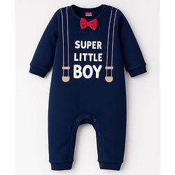 Babyhug 100% Cotton Knit Full Sleeves Romper With Text Print & Bow Applique - Navy Blue