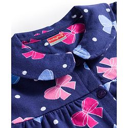 Babyhug Cotton Knit Full Sleeves Co-ords Night Suit With Bow Print - Navy Blue