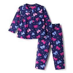 Babyhug Cotton Knit Full Sleeves Co-ords Night Suit With Bow Print - Navy Blue
