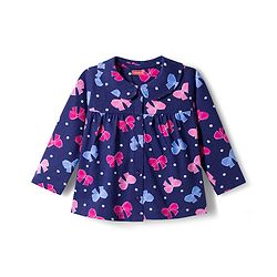 Babyhug Cotton Knit Full Sleeves Co-ords Night Suit With Bow Print - Navy Blue