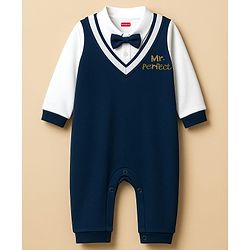 Babyhug Interlock Knit Full Sleeves Party Romper With Attached Waistcoat & Bow - Navy Blue